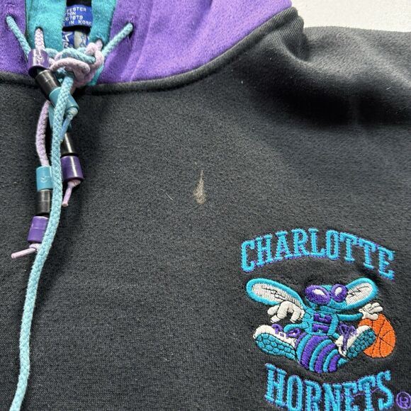Vintage Starter Charlotte Hornets Hoodie Men’s Large Black‎ Double Faced NBA 90s - Picture 3 of 8
